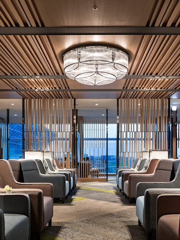 Seating area in Plaza Premium Lounge, Zone A, Taipei, Taiwan with modern decor.