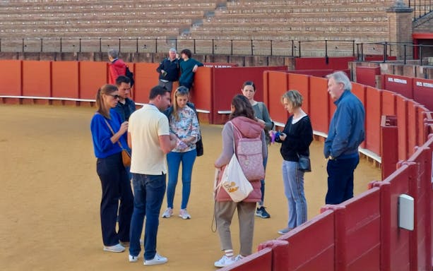 Group of tourists in a bullring during a guided tour, discussing the venue's history.