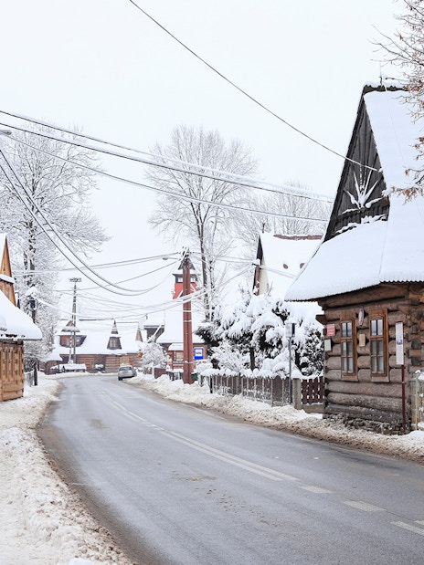 Snow-covered wooden houses in a village near Zakopane, Poland, during a winter tour from Krakow.