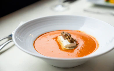 Tomato soup with a crostini served on the San Diego Premier Dinner Cruise.