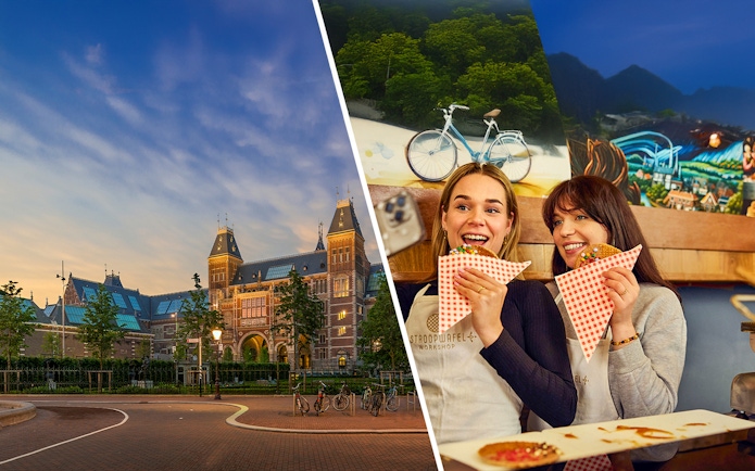 Rijksmuseum exterior at sunset with people enjoying stroopwafels nearby.