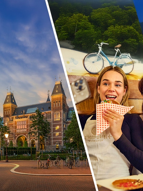 Rijksmuseum exterior at sunset with people enjoying stroopwafels nearby.