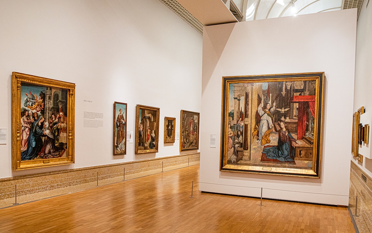 Paintings displayed in a gallery at the National Museum of Ancient Art.
