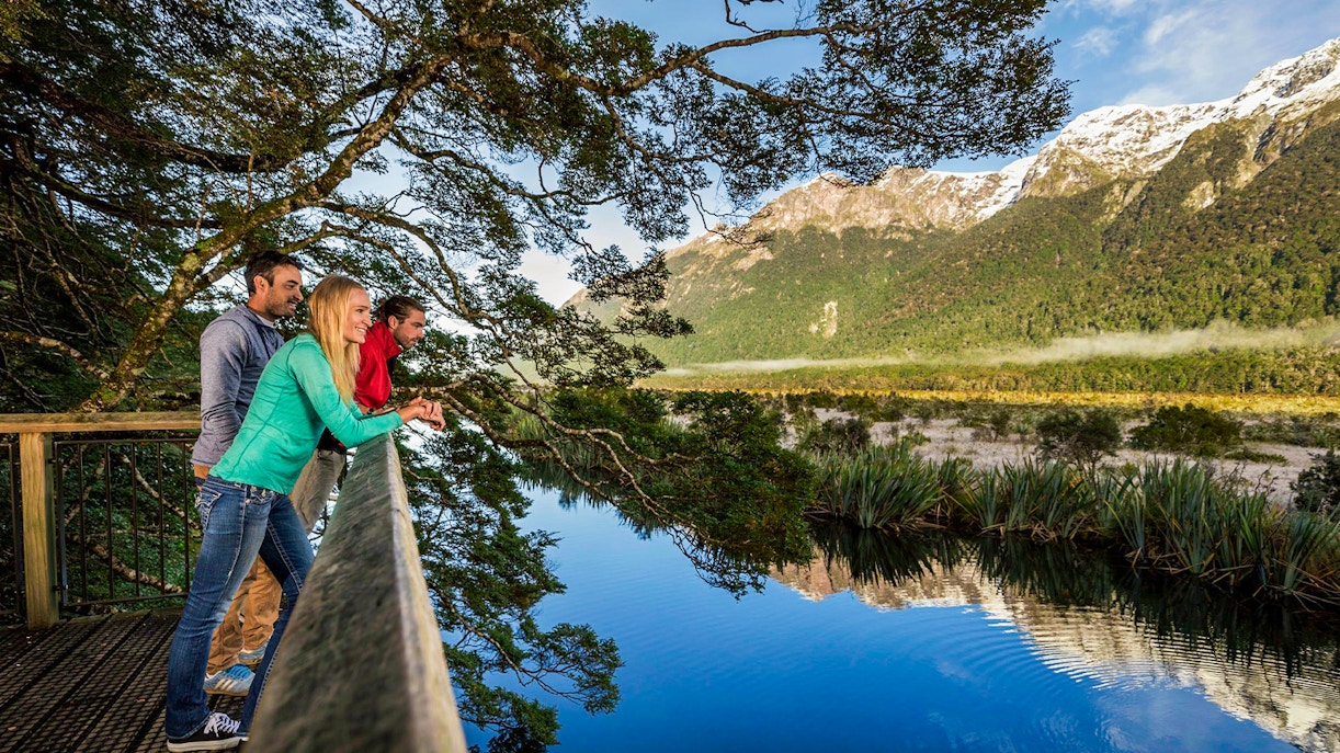 Mirror Lakes view on the way from Te Anau to Milford Sound during a scenic cruise tour.