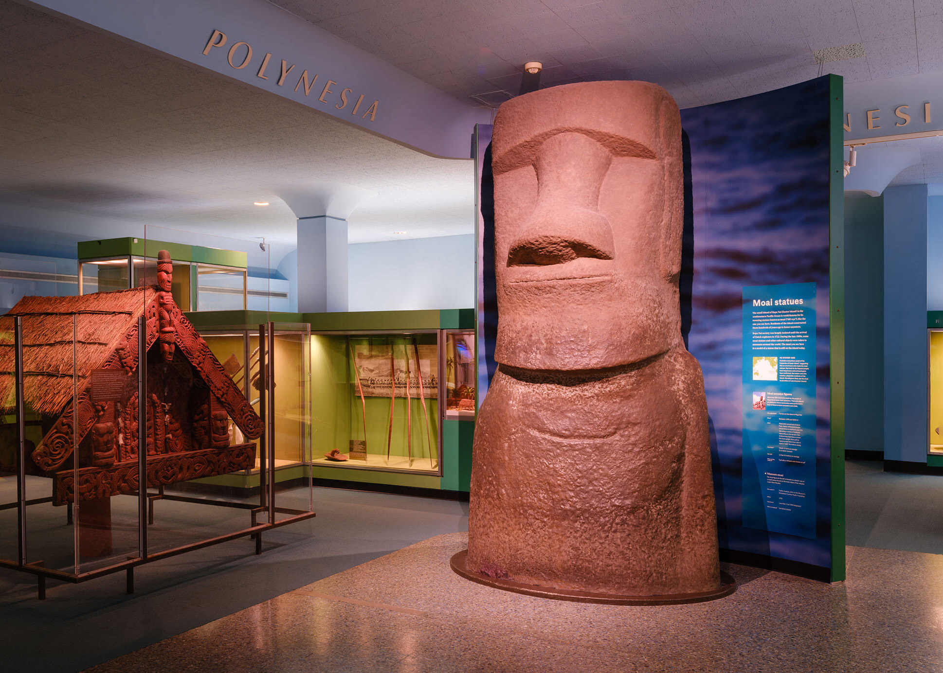 Moai statues on Easter Island, Chile, with a clear blue sky backdrop.