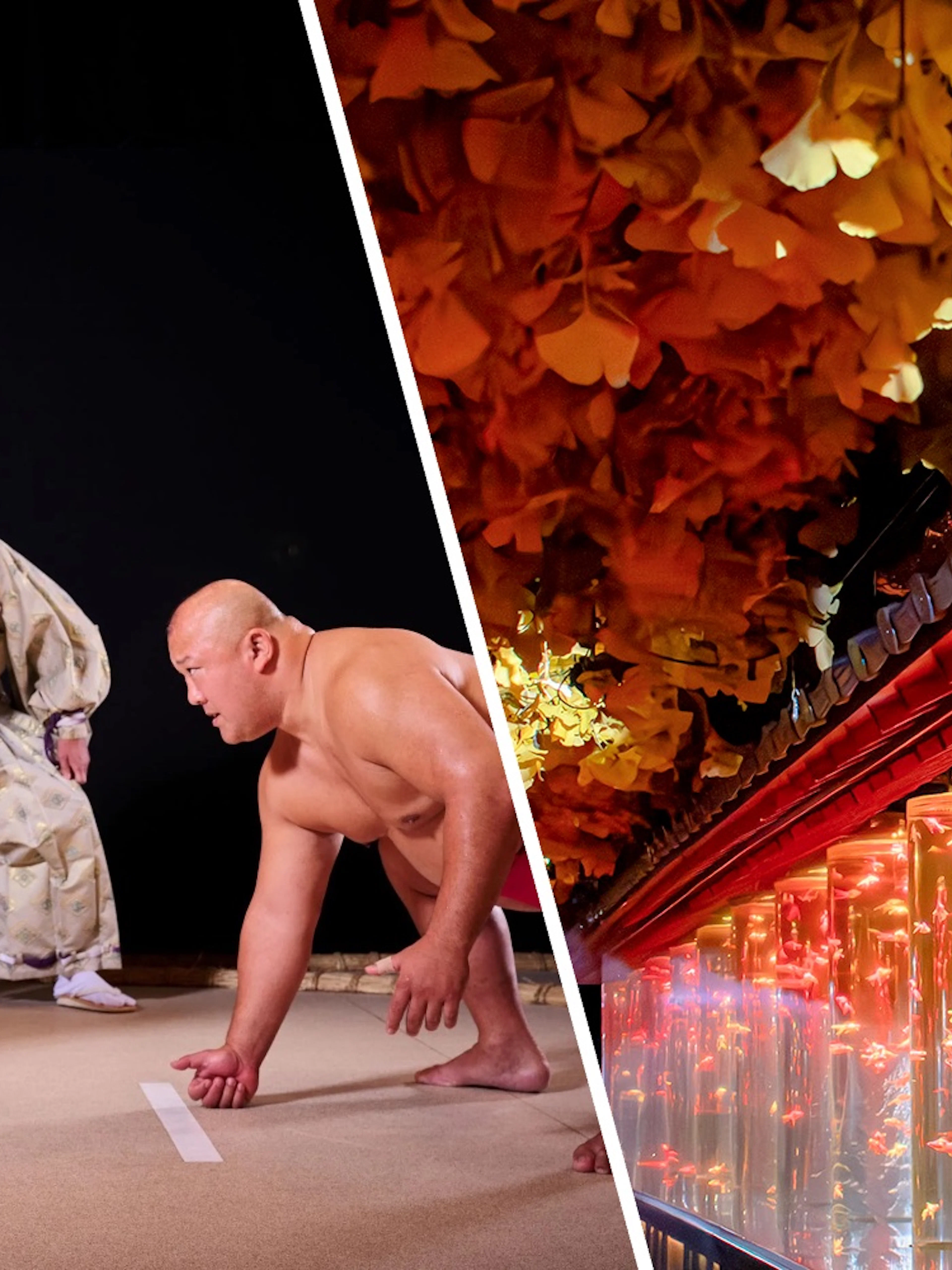 Sumo wrestlers prepare to compete at Hirakuza Ginza, Tokyo.