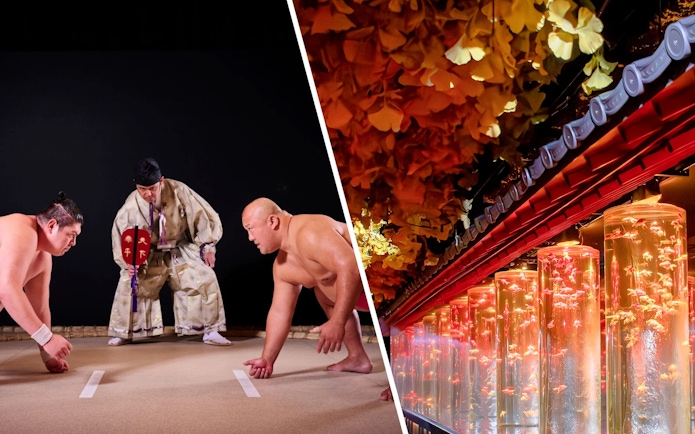 Sumo wrestlers prepare to compete at Hirakuza Ginza, Tokyo.
