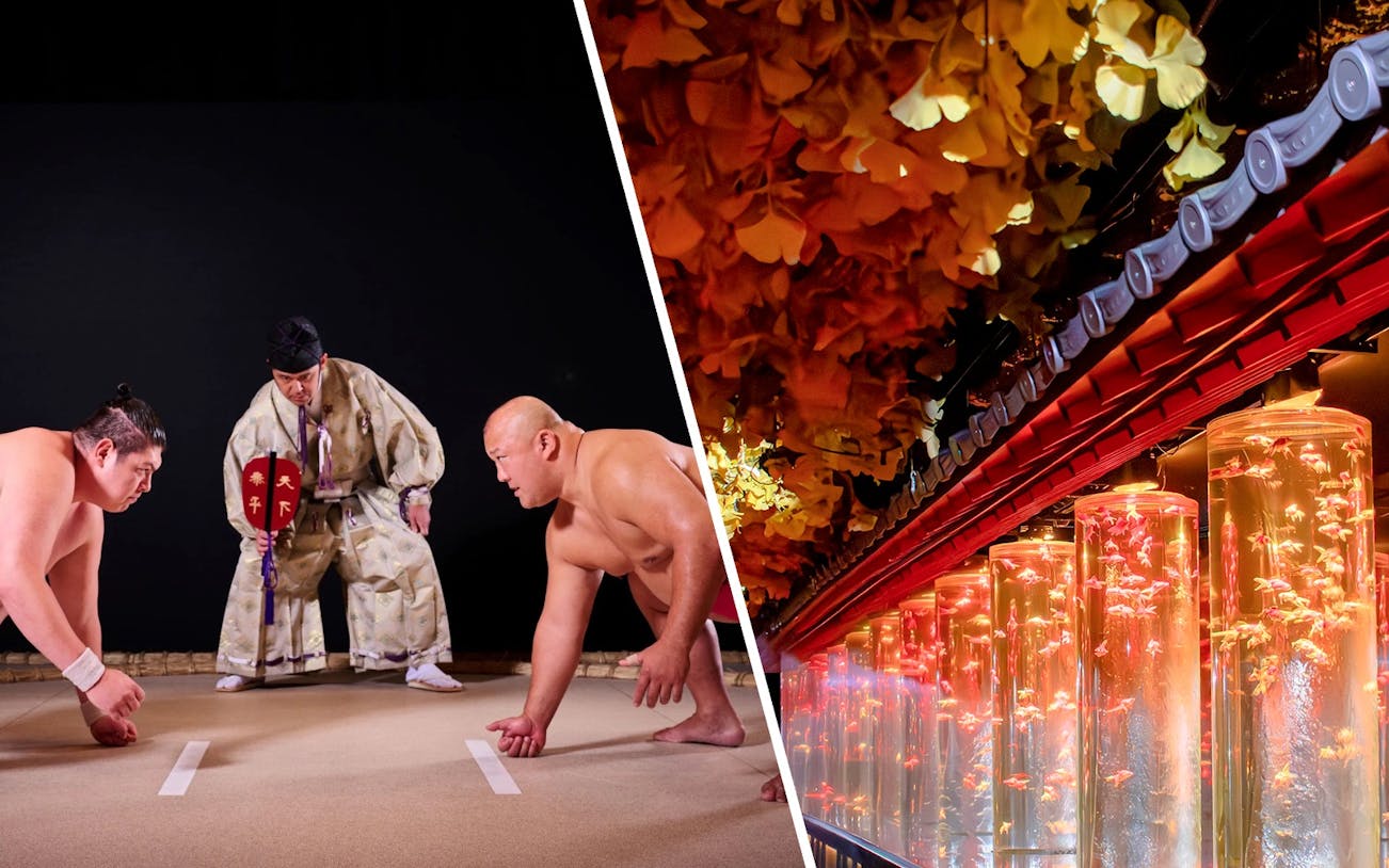 Sumo wrestlers prepare to compete at Hirakuza Ginza, Tokyo.