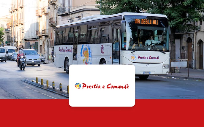 Prestia e Comandè bus on a street in Palermo, offering airport-city center transfers.