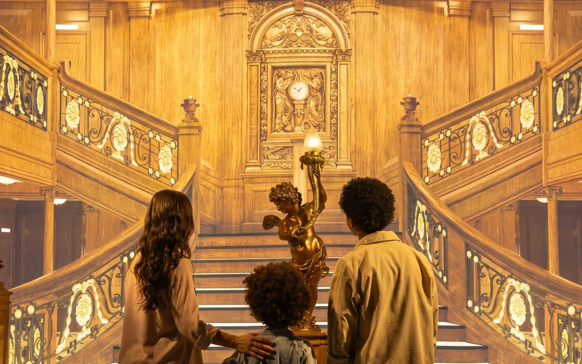 Visitors admire the grand staircase replica from the Titanic in Utrecht exhibit.