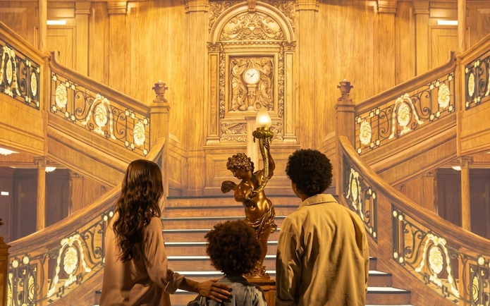 Visitors admire the grand staircase replica from the Titanic in Utrecht exhibit.