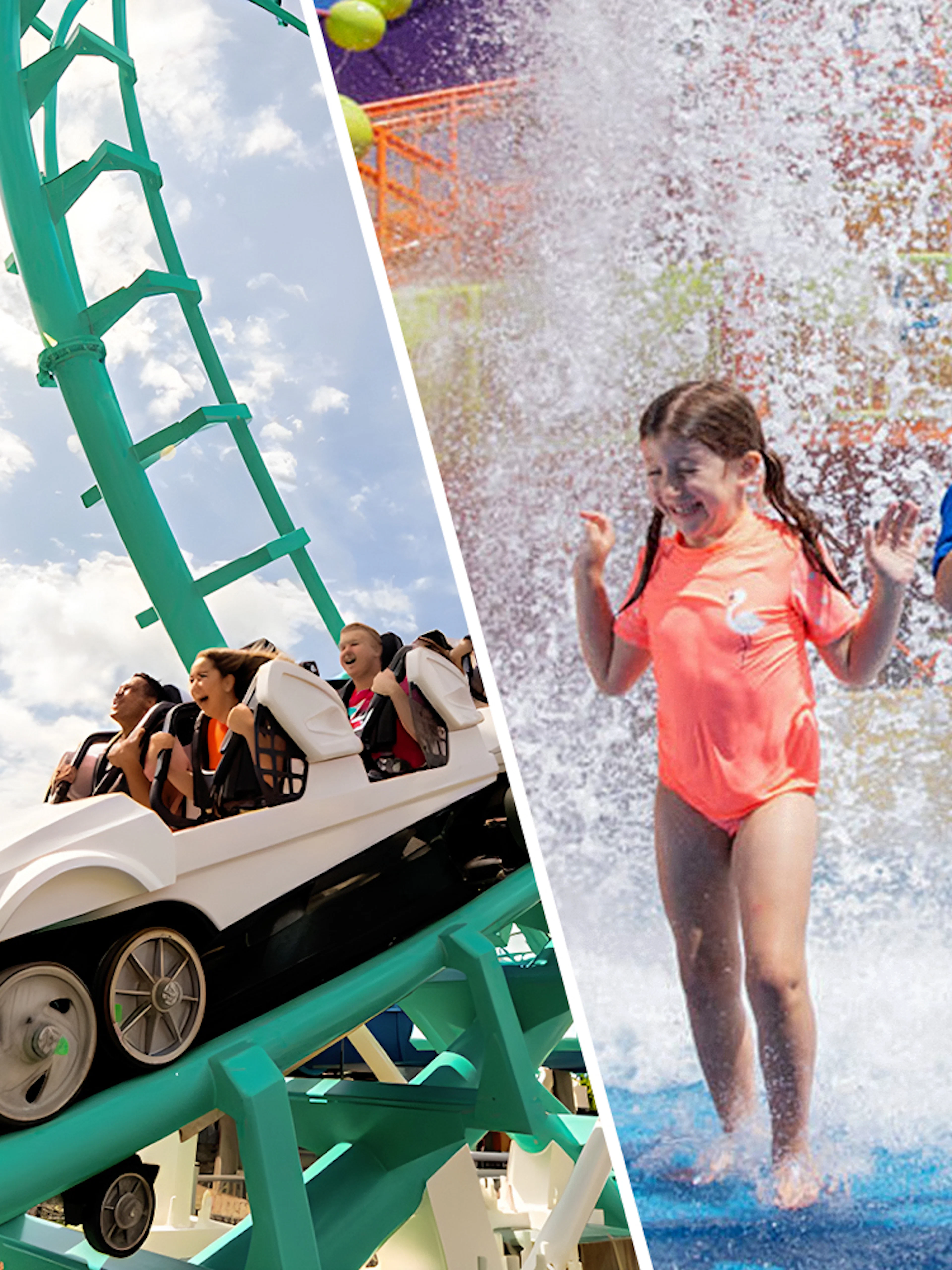 Roller coaster ride and children playing in water at Dreamworld and WhiteWater World.