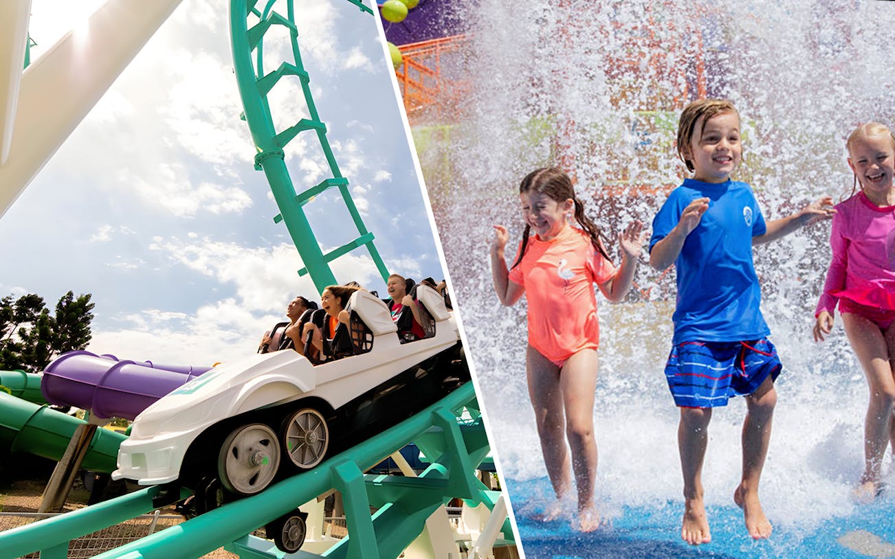 Roller coaster ride and children playing in water at Dreamworld and WhiteWater World.
