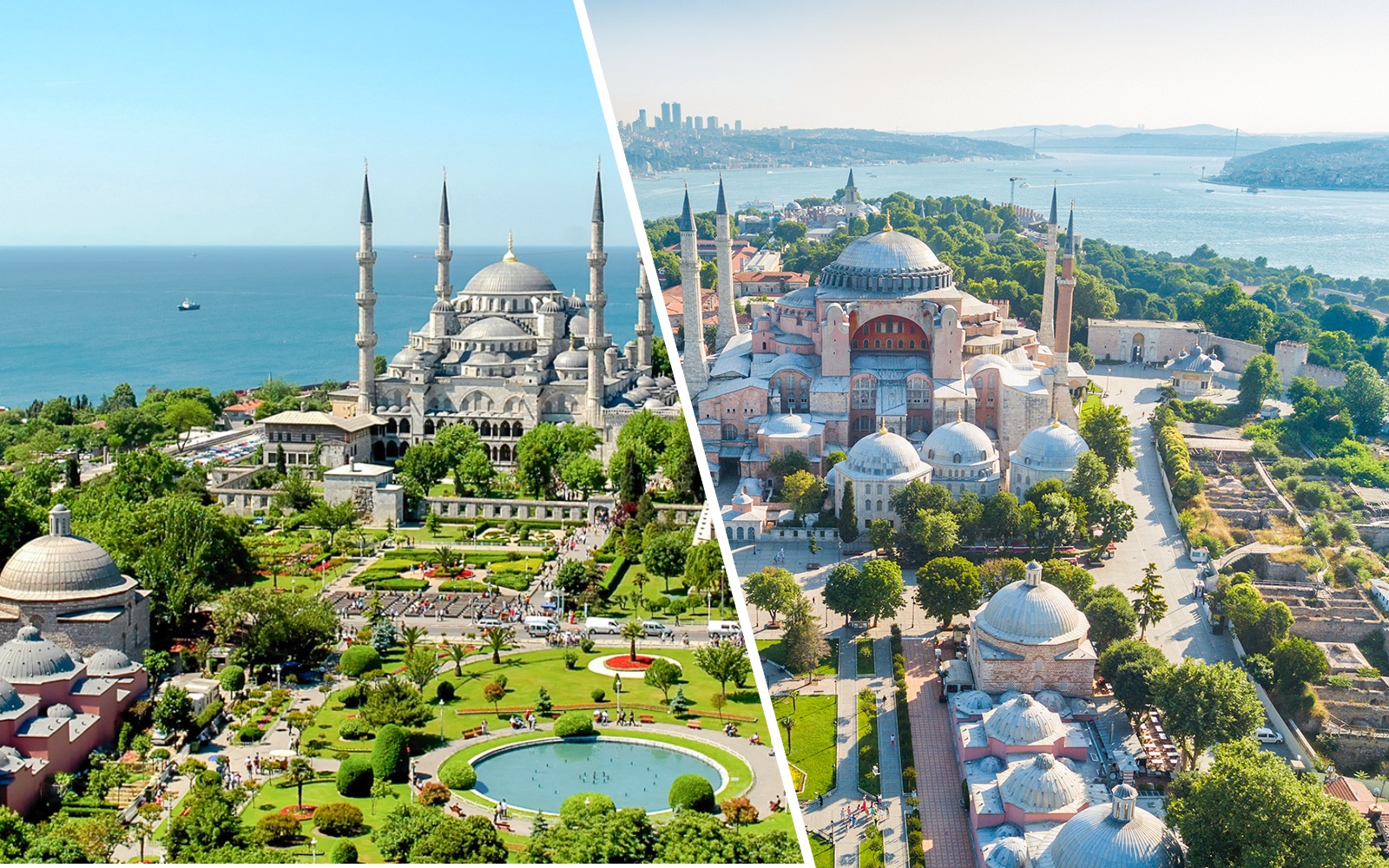 Blue Mosque and Hagia Sophia in Sultanahmet Square, Istanbul, with Bosphorus view.