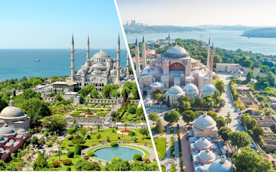 Blue Mosque and Hagia Sophia in Sultanahmet Square, Istanbul, with Bosphorus view.