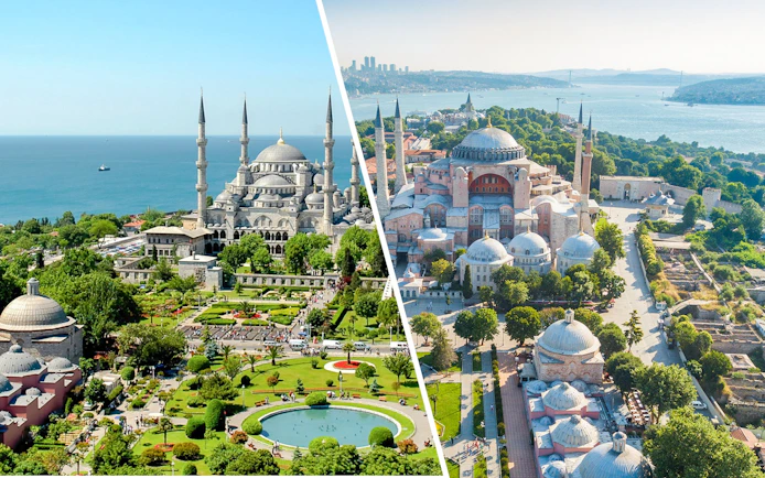 Blue Mosque and Hagia Sophia in Sultanahmet Square, Istanbul, with Bosphorus view.
