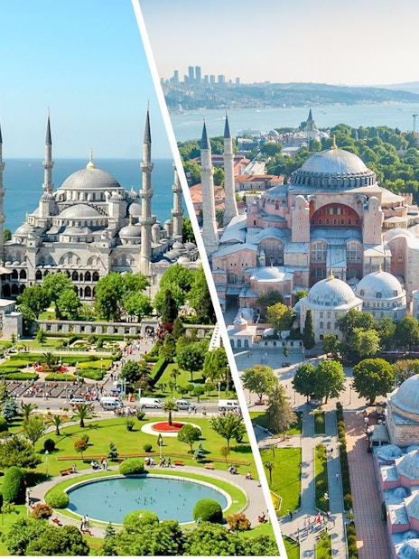 Blue Mosque and Hagia Sophia in Sultanahmet Square, Istanbul, with Bosphorus view.