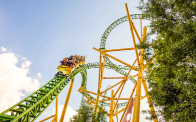 Roller coaster at Busch Gardens, Tampa Bay with riders on a green and yellow track.