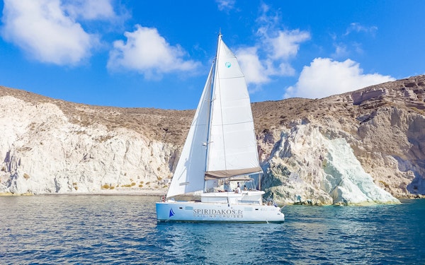 Santorini Private Sailing Catamaran Cruise with BBQ, Drinks & Transfers
