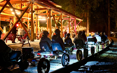 Visitors on rail bikes near Glen Blair Bar, San Francisco, illuminated by string lights at night.