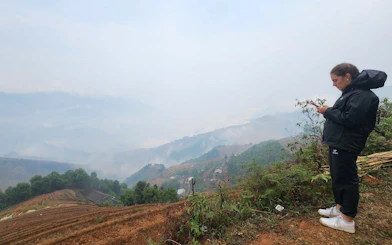 Person overlooking terraced rice fields and misty hills in Mu Cang Chai, Vietnam.