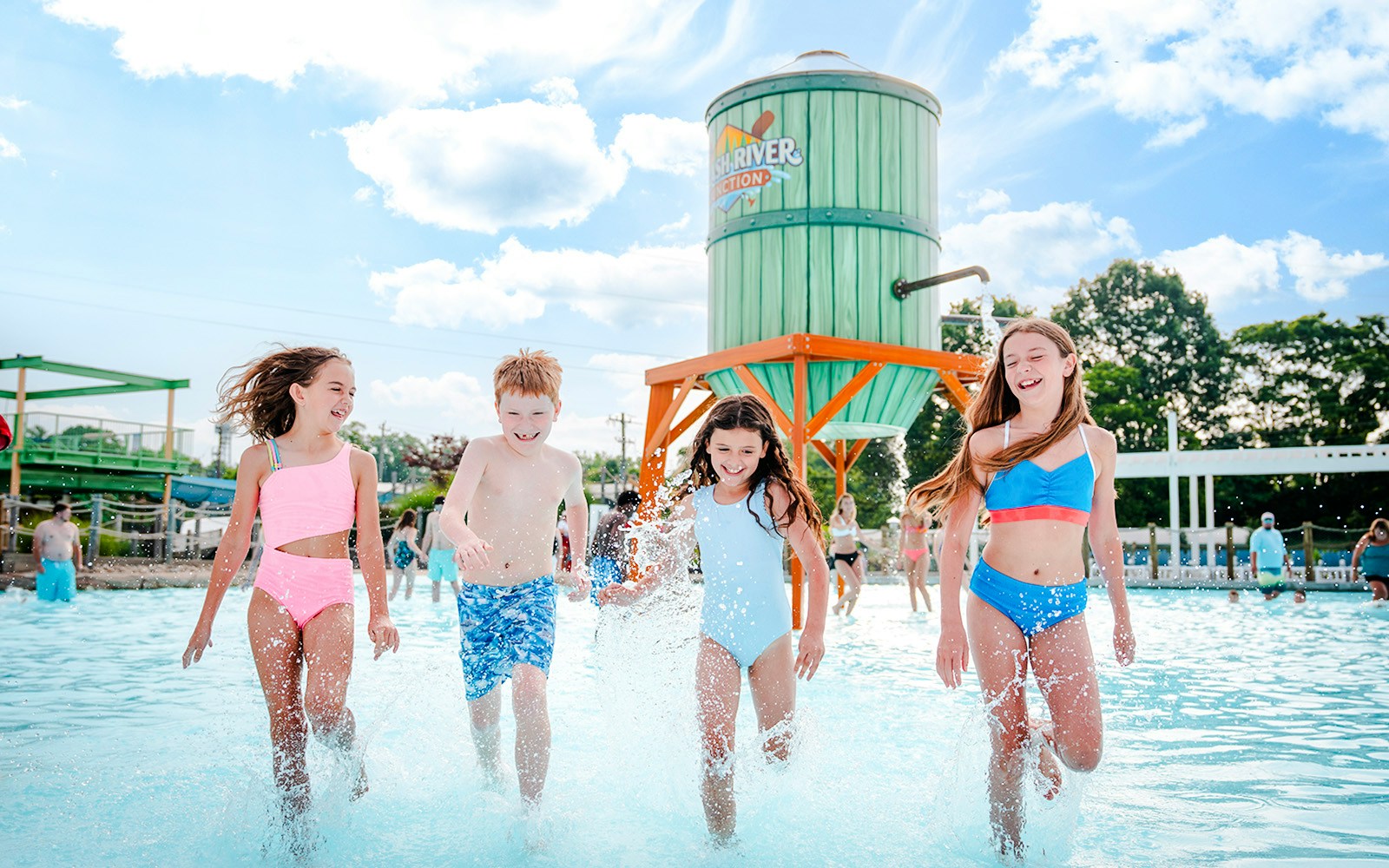 Children playing in the water at Splash River Junction, Kings Island.