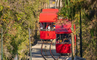 Funicular de Santiago cable cars on tracks surrounded by greenery in Santiago, Chile.