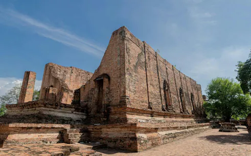 Ancient brick ruins at Ayutthaya Old City, Thailand, under a clear blue sky.