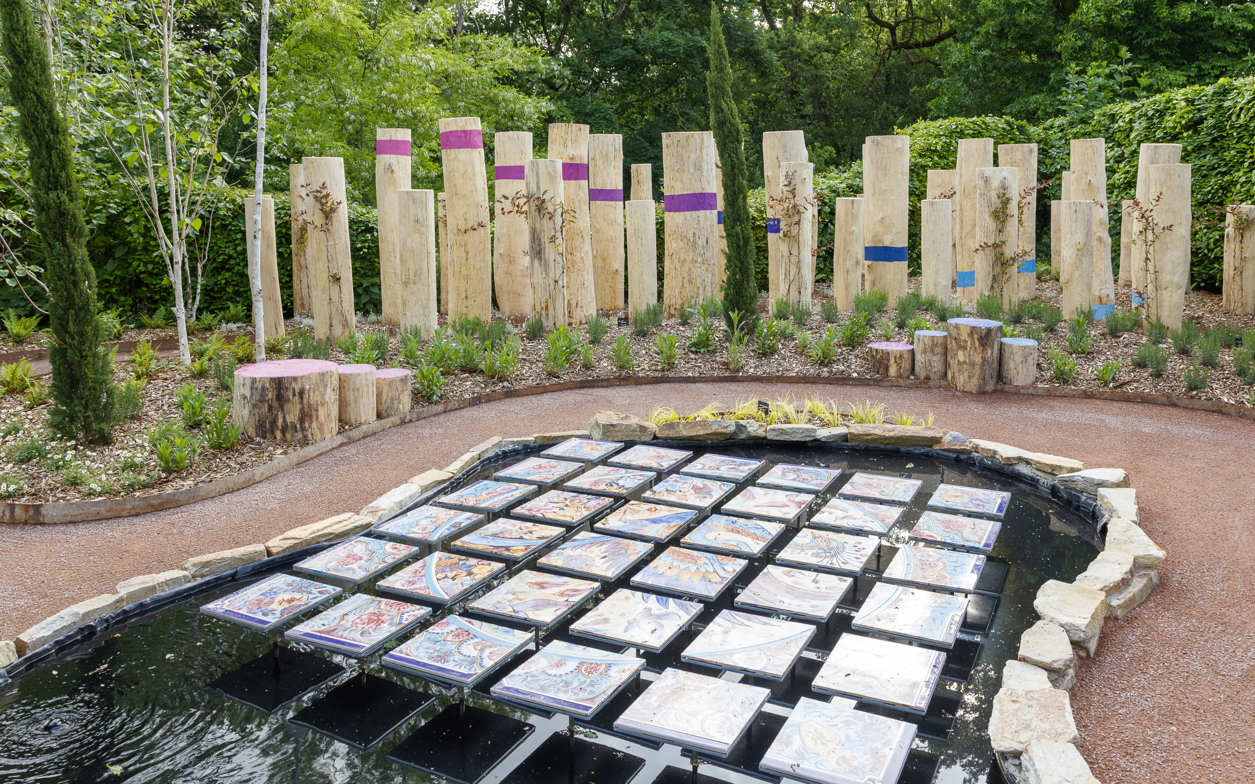 Colorful art installation in the gardens of Chaumont-sur-Loire Castle, France.