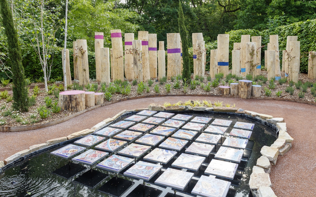 Colorful art installation in the gardens of Chaumont-sur-Loire Castle, France.