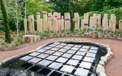 Colorful art installation in the gardens of Chaumont-sur-Loire Castle, France.