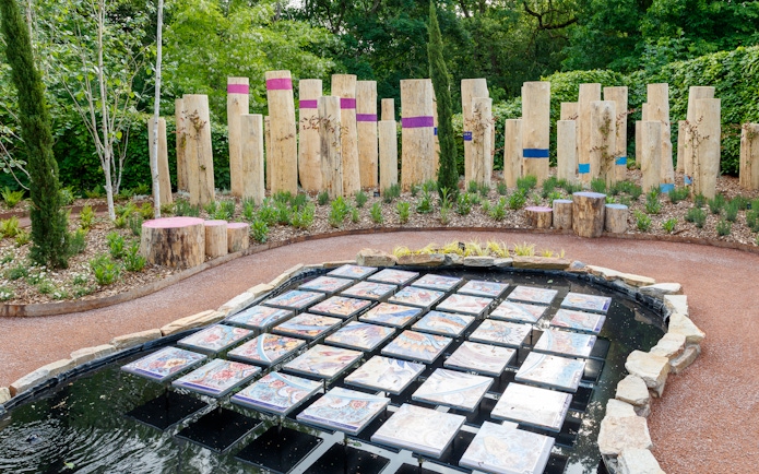 Colorful art installation in the gardens of Chaumont-sur-Loire Castle, France.