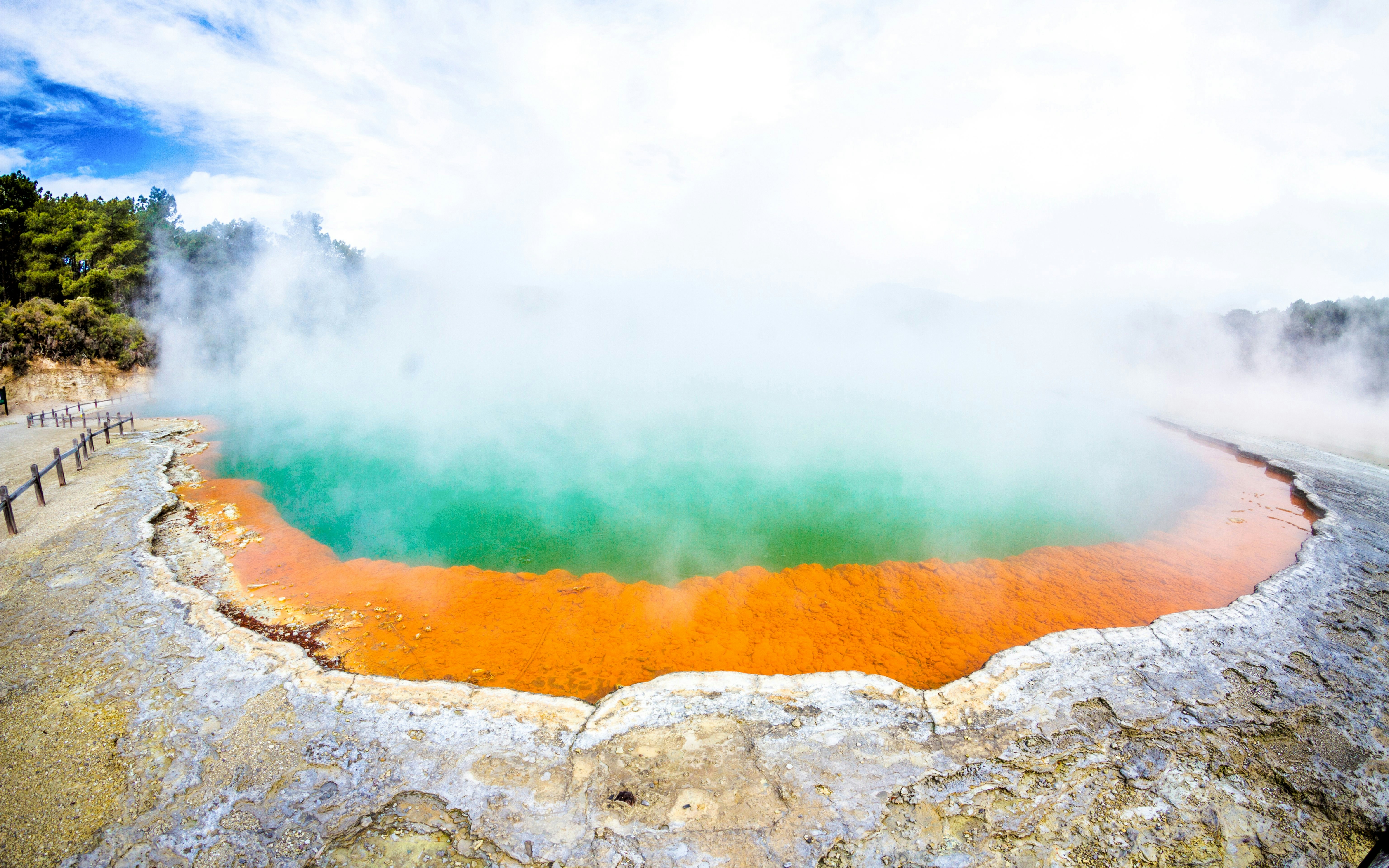 Geothermal pool with vibrant colors and steam at Wai-O-Tapu, New Zealand.