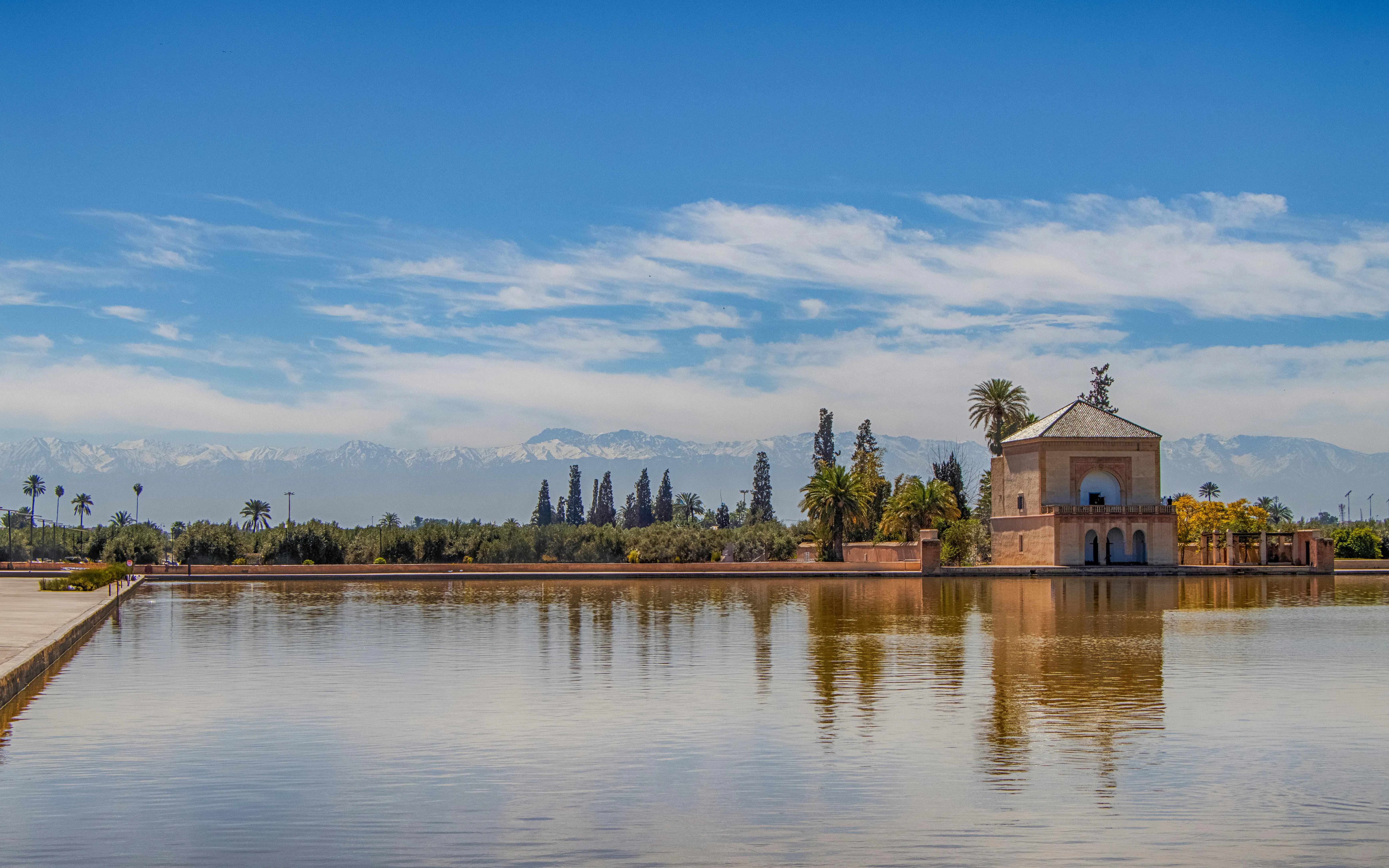 Menara gardens reflecting pool and pavilion Marrakech, Morocco. 