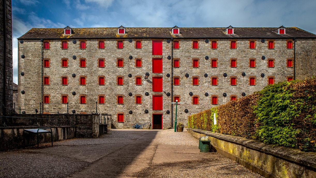 Midleton Distillery tour guide explaining whiskey production process with barrels in background.