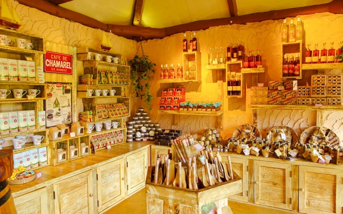 Chamarel shop interior with local products and souvenirs in Mauritius.