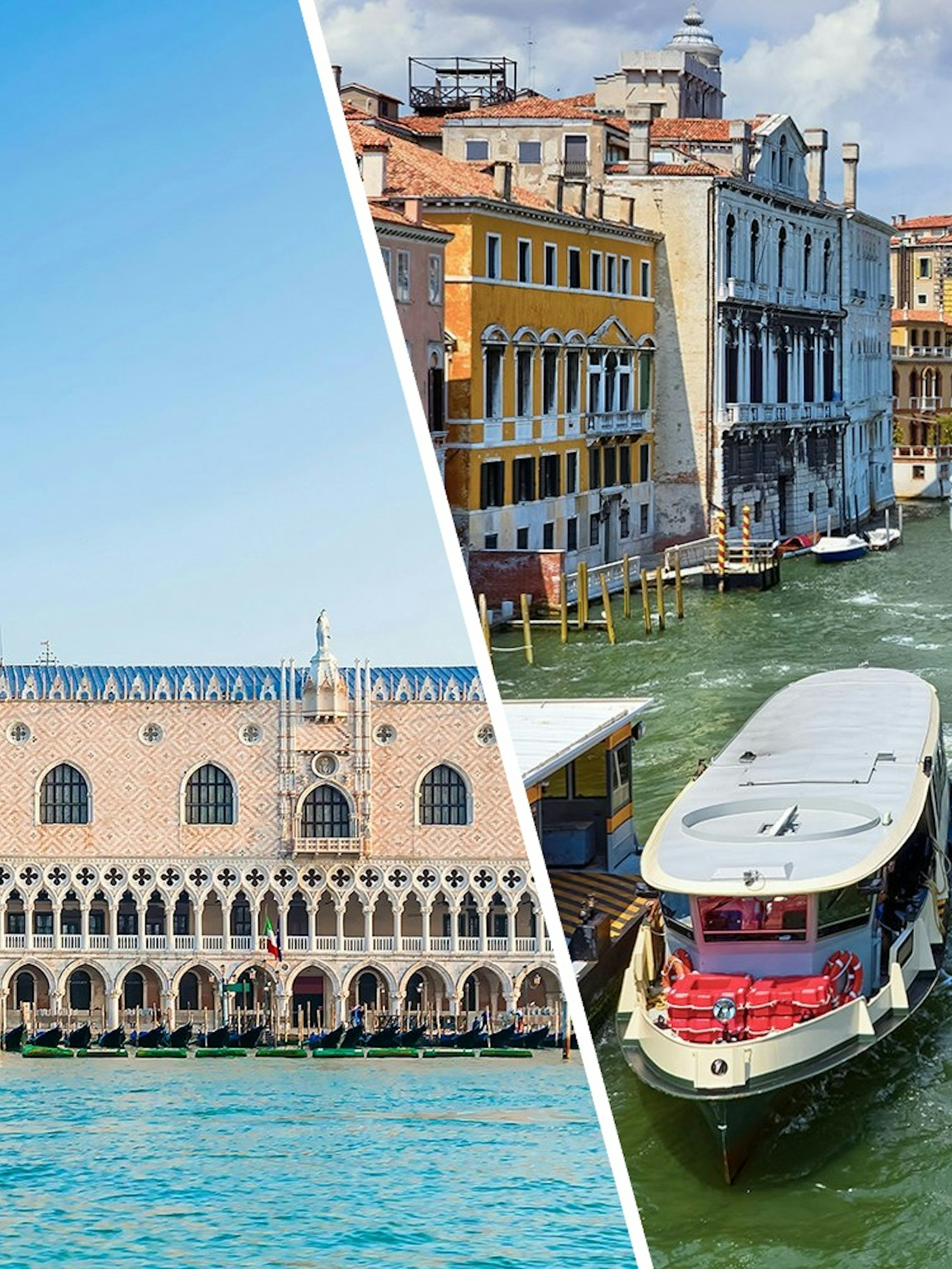 Doge's Palace and canal view with boats in Venice, Italy.