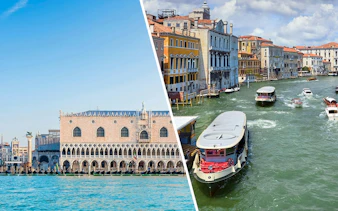 Doge's Palace and canal view with boats in Venice, Italy.