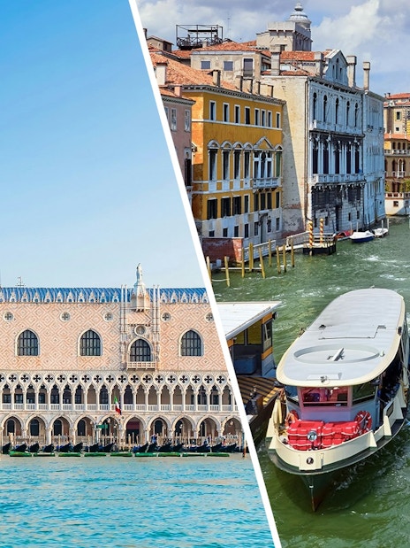 Doge's Palace and canal view with boats in Venice, Italy.