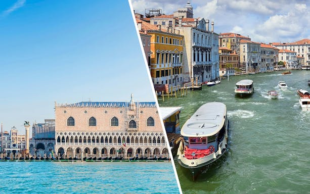 Doge's Palace and canal view with boats in Venice, Italy.