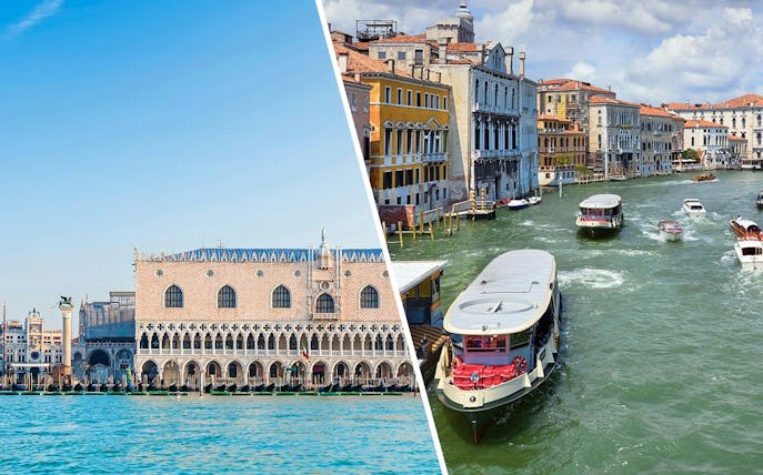 Doge's Palace and canal view with boats in Venice, Italy.