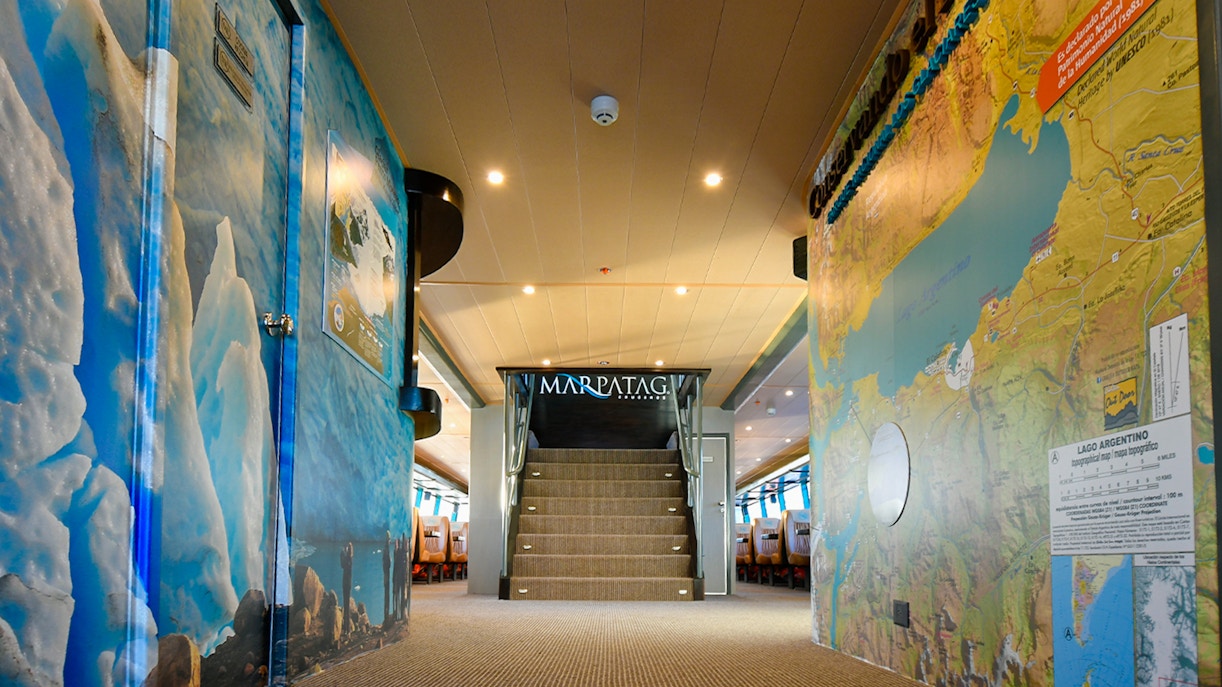 Interior of tour boat with glacier and map murals, Perito Moreno, Spegazzini & Upsala tour.