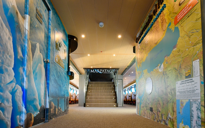 Interior of tour boat with glacier and map murals, Perito Moreno, Spegazzini & Upsala tour.