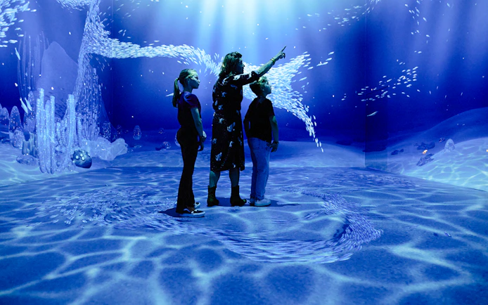 Guests exploring underwater visuals at the Remastered audiovisual experience in Rotterdam.
