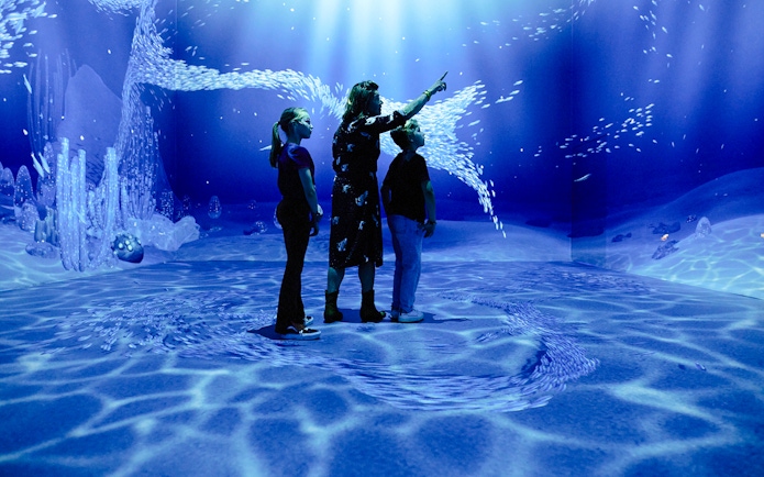 Guests exploring underwater visuals at the Remastered audiovisual experience in Rotterdam.