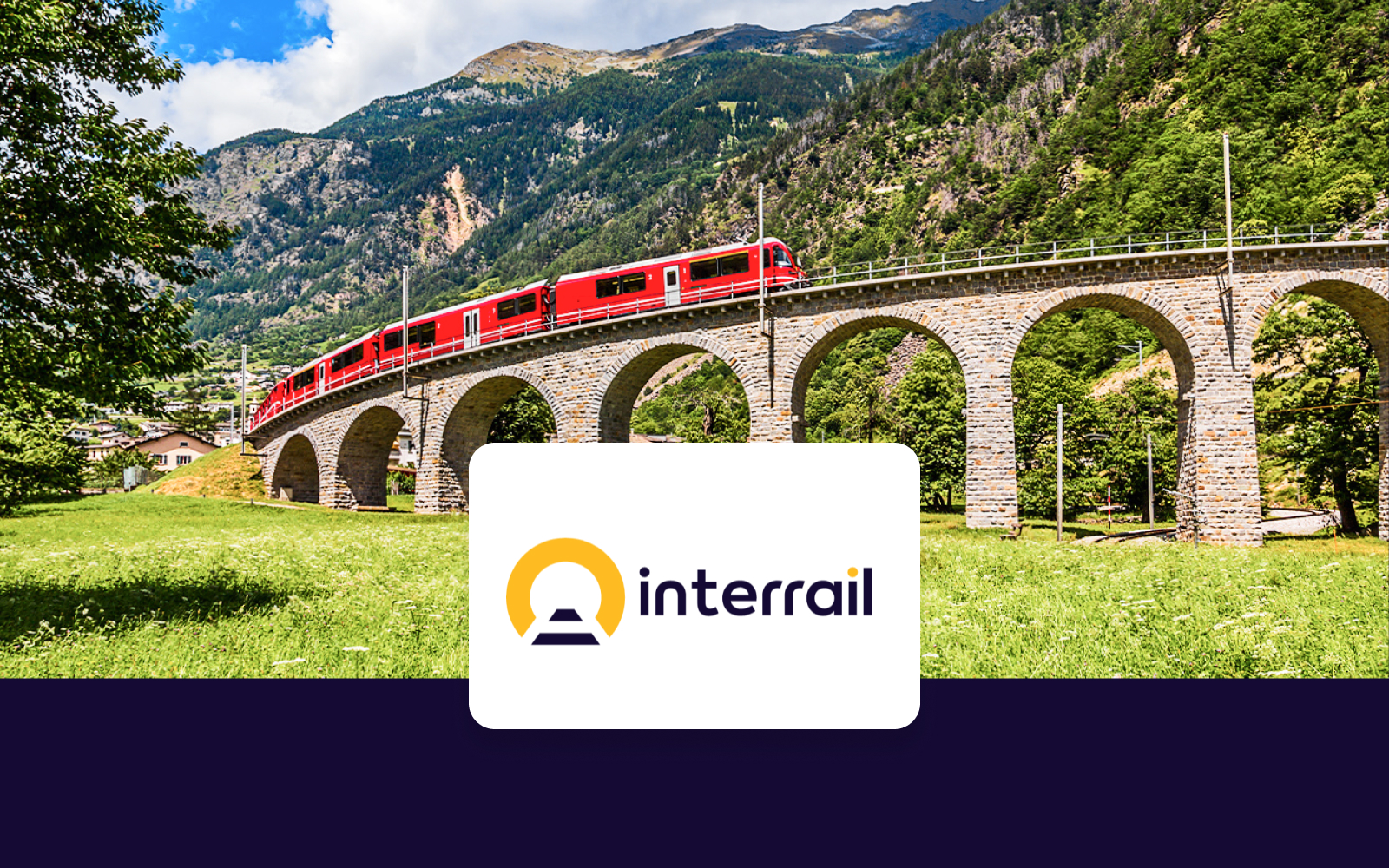 Bernina Express crossing a stone viaduct in the Swiss Alps.