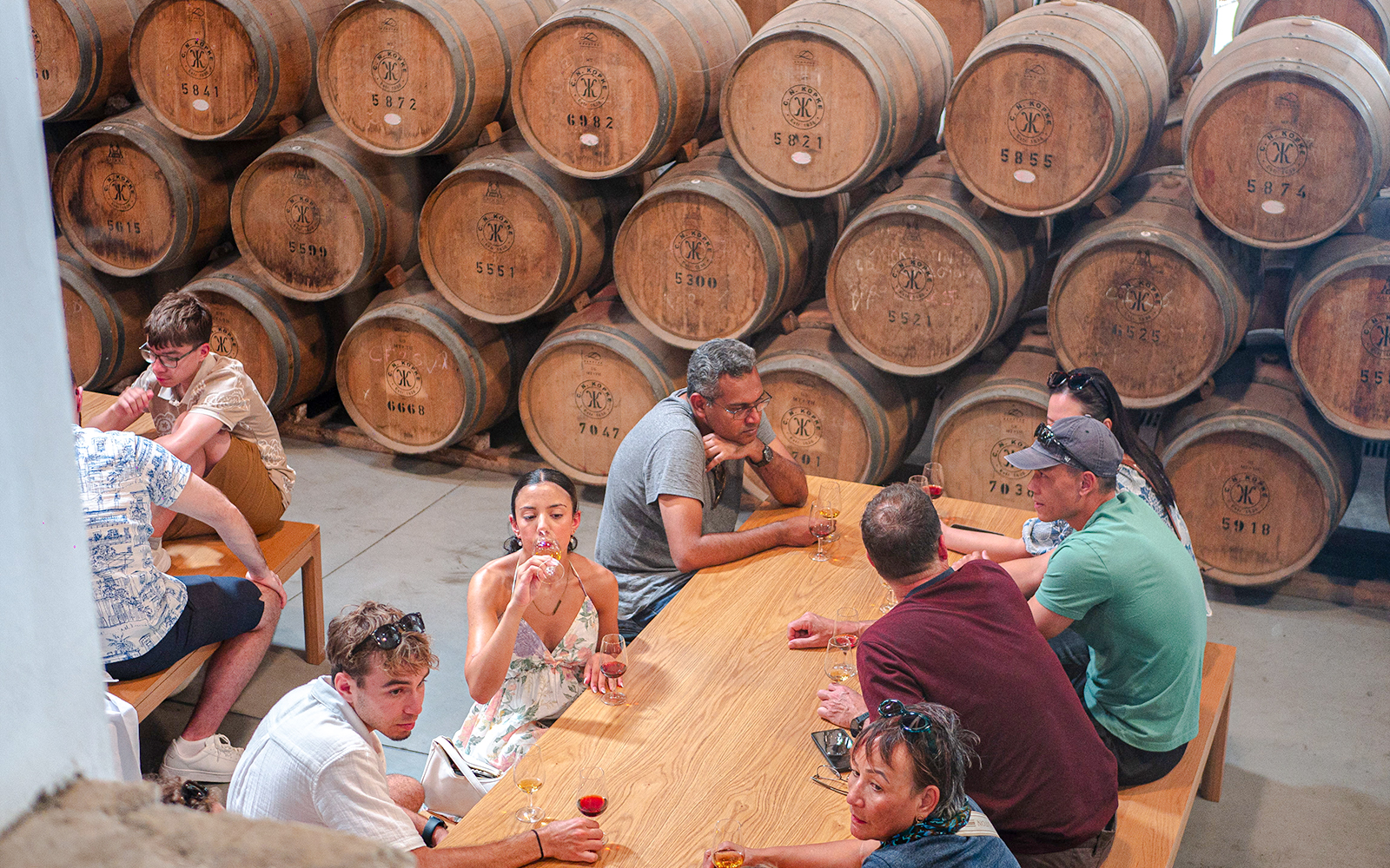 Wine tasting group in a Douro Valley cellar with oak barrels, part of Porto tour.