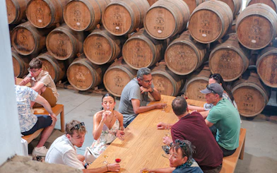 Wine tasting group in a Douro Valley cellar with oak barrels, part of Porto tour.