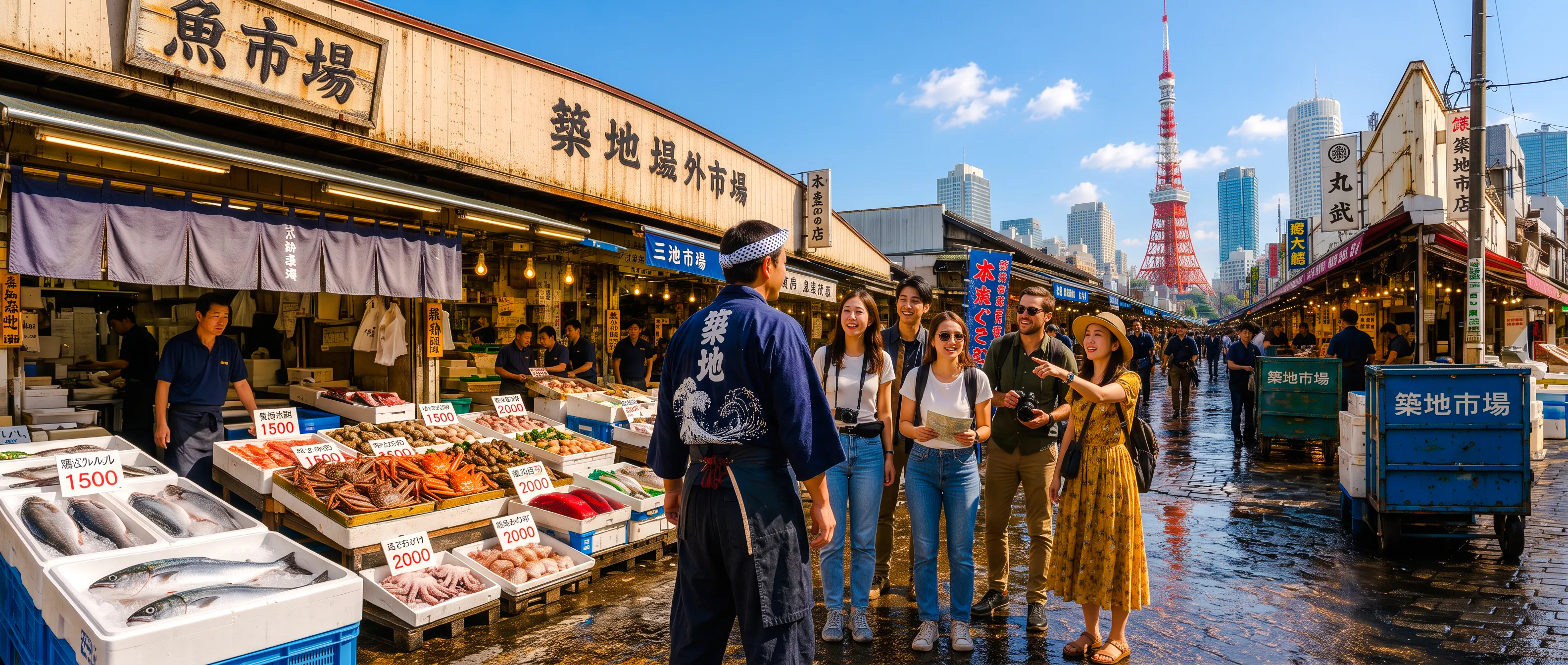 Tourists exploring Tsukiji Fish Market with Tokyo Tower in the background.