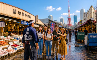 Tourists exploring Tsukiji Fish Market with Tokyo Tower in the background.